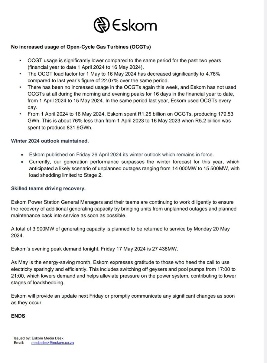 #FridayEve, 17 May 2024
#POWERALERT1
'Loadshedding remains suspended due to steady ongoing improvement in reliability of generation fleet leading to sustained generation performance.'