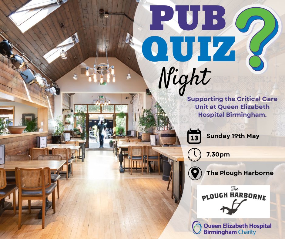Any plans this weekend? Join us on Sunday night at The Plough Harborne for our Charity pub quiz! ❓🍻 This Sunday’s event is supporting the Critical Care Unit at Queen Elizabeth Hospital Birmingham. For more information, visit ➡ hospitalcharity.org/shop/product/c…