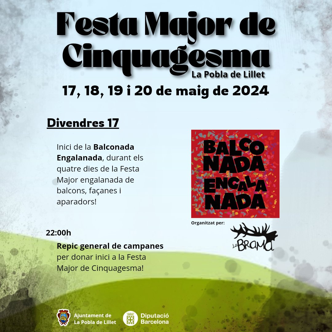 🍾 FESTA MAJOR de CINQUAGESMA
Del 17 al 20 de maig de 2024

#LaPobladeLillet #GaudíiSentir #Berguedà #GaudeixLaPobla #Sardanes #FestaMajor #Cinquagesma