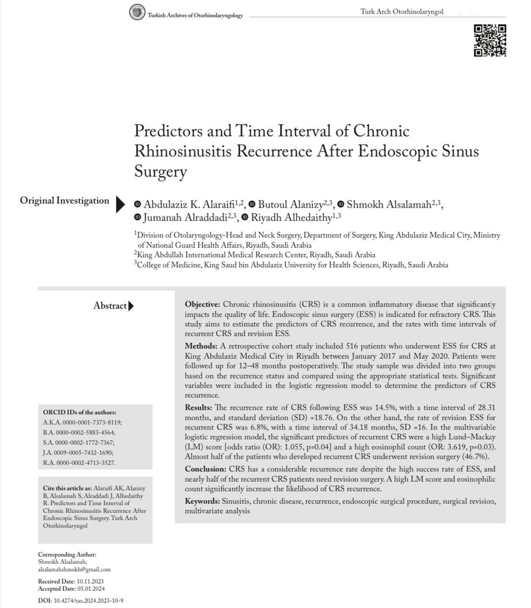 Greatly thrilled to share our latest publication on predictors and time interval of chronic rhinosinusitis recurrence following endoscopic sinus surgery!🎉

turkarchotolaryngol.net/archives/archi…