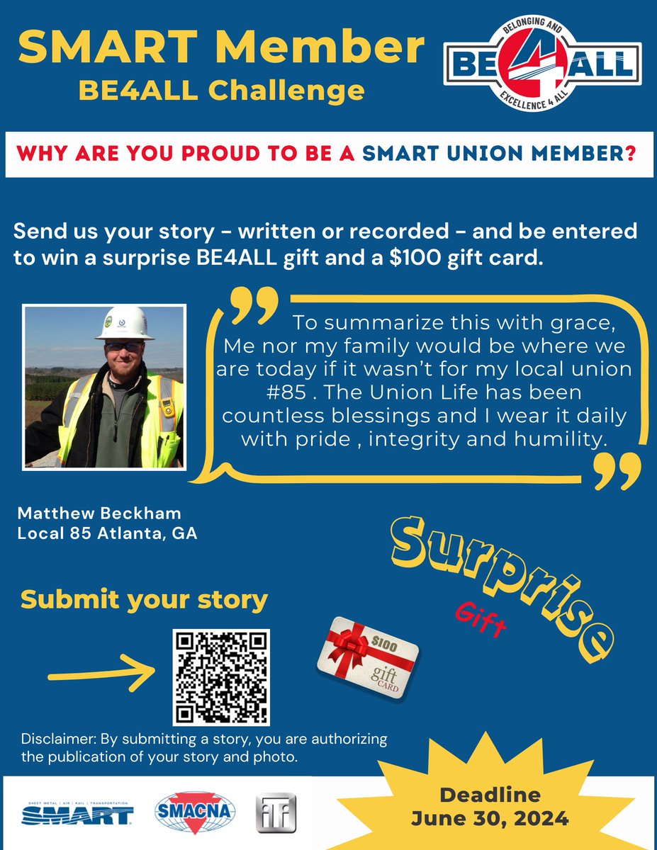 #ICYMI: The BE4ALL 2024 Spring Challenge is underway! Submit your written or video answer to the question: Why are you proud to be a SMART union member? You'll be entered to win a surprise BE4ALL gift and a $100 gift card! Enter the challenge here: form.jotform.com/231914222831146