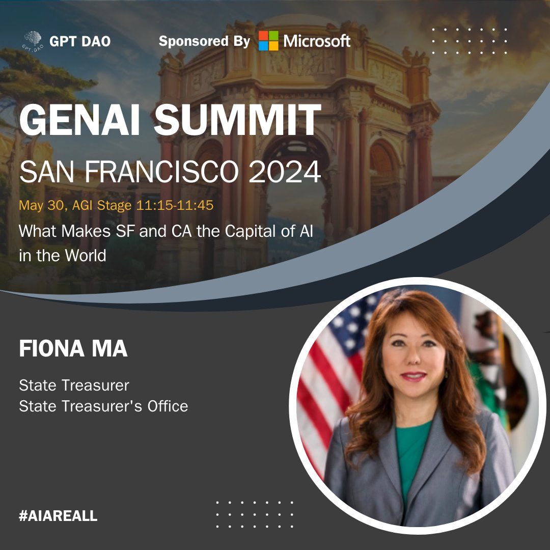Meet Fiona Ma @fionama, the State Treasurer, speaking at #GENAISummitSF2024 on 'What Makes SF and CA the Capital of AI in the world' 

More event info on genaisummit.ai. The clock is ticking. 

#ai #artificialintelligence #airevolution #machinelearning #deeplearning