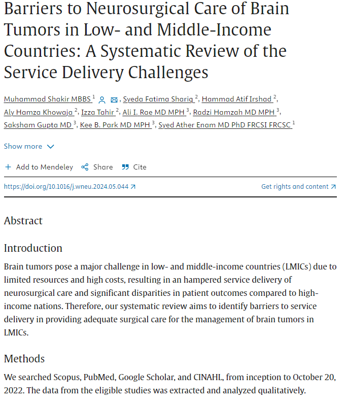 Excited to share our article on brain tumor service delivery! The first study from our collaborative project on policy recommendations for brain tumors. Collaboration b/w Dr <a href="/AtherEnam/">Syed Ather Enam</a> &amp; Dr <a href="/keepark/">Kee Park</a> 's labs. More to come, IA!
#GlobalNeurosurgery #BrainTumorResearch #Collaboration