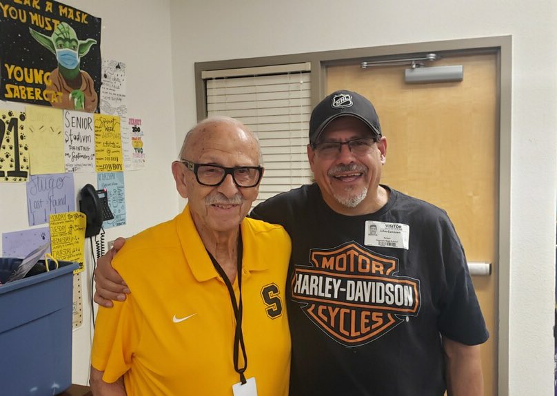 Special day welcoming back Class of 1983 Multi-Sport (Basketball/Football @SaguaroSUSD #Sabercat Alumnus John Cunneen to surprise his former Coach Mike Cady.   #SagU #ForeverFamily