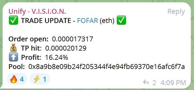 As promised & delivered! V.I.S.I.O.N. went live to the public today and signaled @Fofar_ERC for entry. 

V.I.S.I.O.N. was designed to read TI for investors & process algorithm's to show TP & SL suggestions... it did exactly that! This is a win for all of #crypto & defi!