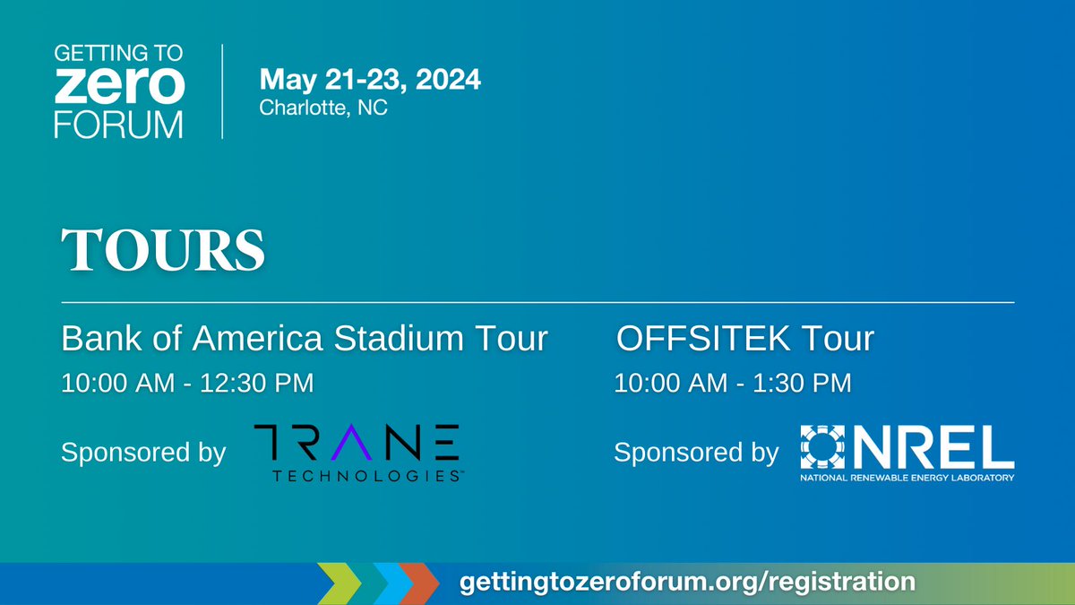 The 2024 @GTZForum offers two tours on Tuesday, May 21: the OFFSITEK Tour, sponsored by @NREL and the Bank of America Stadium Tour, sponsored by @Trane_Tech. Tours are open to Forum attendees. 

Sign up with your event registration: hubs.li/Q02wR3xG0