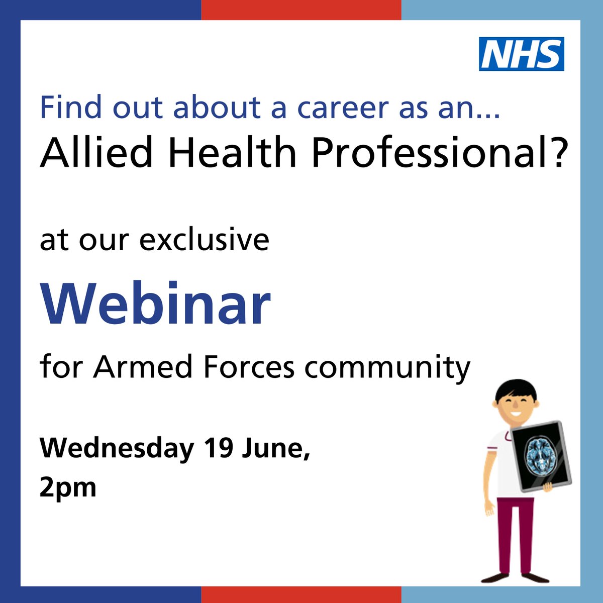 Are you from the Armed Forces community looking for your next Career? 
Join our webinar on Wed 19 June 2024 at 2pm for an overview of the 14 Allied Health Professions (AHPs) 

email armedforces@gstt.nhs.uk for link to register

#careerchangerstoAHPs
@NHSEmployers 
@NHSHEE_LDN