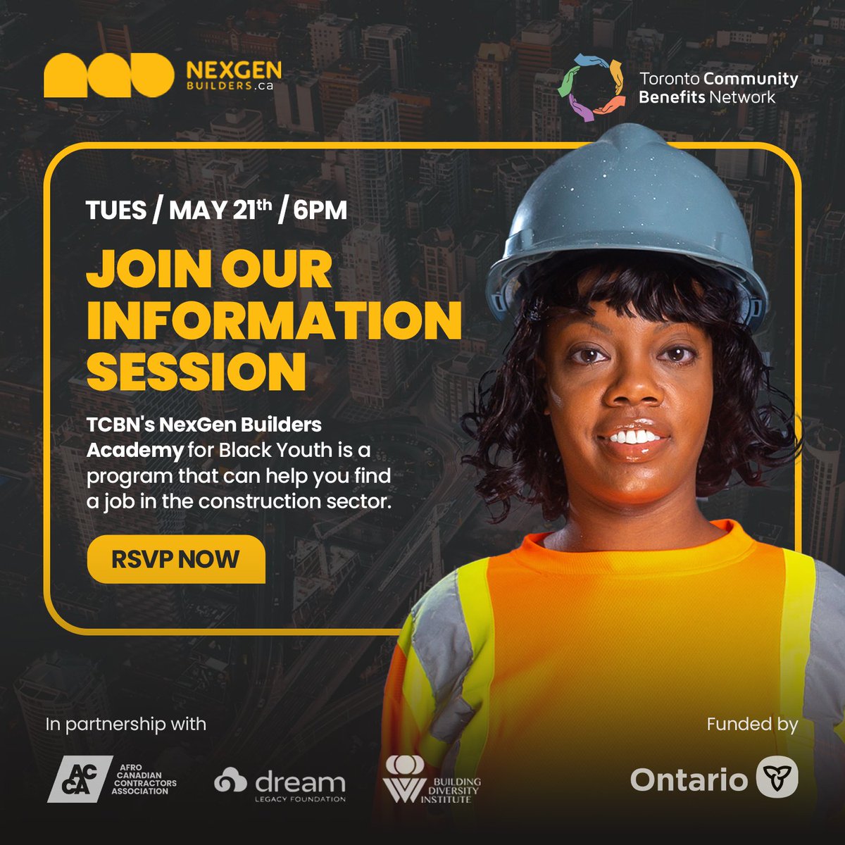Join our info session to learn about TCBN’s Nexgen Builders Academy for Black Youth

When: May 21 at 6 pm. 

In partnership with Afro Canadian Contractors Association and @DreamLegacyfdn

To RSVP, please visit: nexgenbuilders.ca/academy_info_s…

#communitybenefits #constructionindustry
