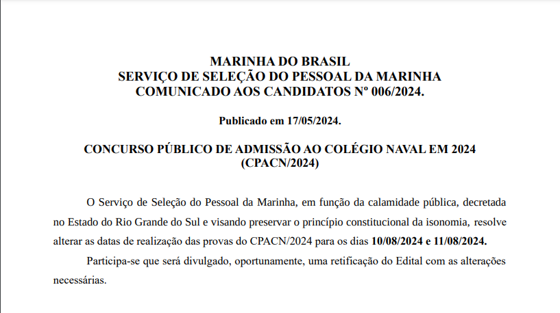 promilitares's tweet photo. 🚨COLÉGIO NAVAL 2024: provas adiadas https://t.co/muNJKbbmLf