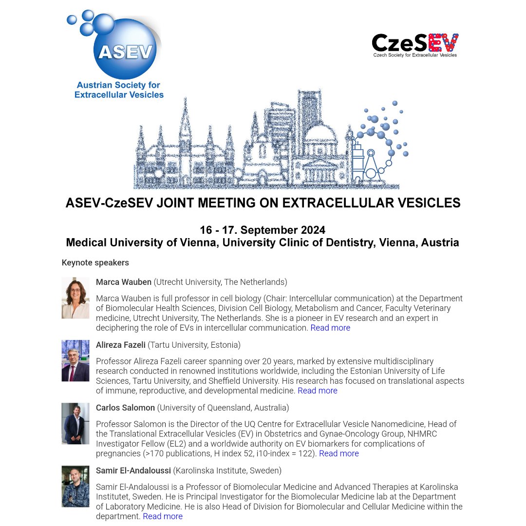 🔔Reminder: Last two weeks to submit your abstract to ASEV-CzeSEV this September! We will welcome great speakers Marca Wauben, Alireza Fazeli, Carlos Salomon and Samir El-Andaloussi. Registration and abstract submission is here asev.at/annualmeeting.