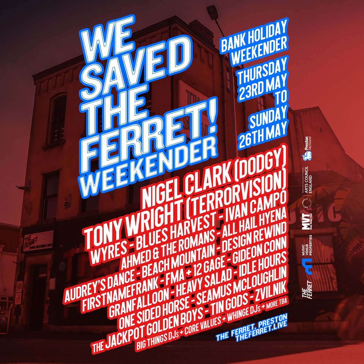 ICYMI - We Saved The Ferret! So why not have a party to celebrate right? Next weekend - all bank holiday - We Saved The Ferret Weekender! ft Nigel Clark (Dodgy), Tony Wright (Terrorvision), Wyres & many more. The weekender is open to anyone & everyone, with tickets on sale now!