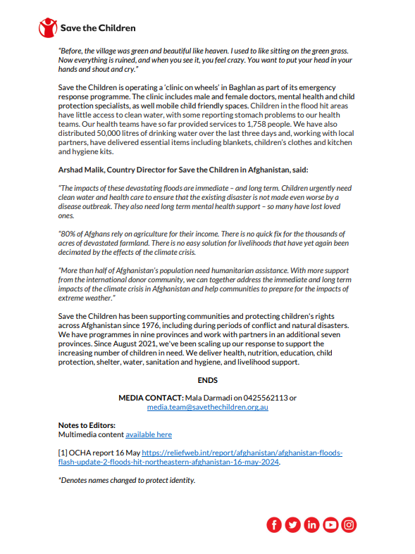 MEDIA RELEASE: Children and their families are living under trees or in the ruins of their homes after the recent #afghanistanfloods. 'Now everything is ruined. You want to put your head in your hands and shout and cry,' said 12-year-old Firoza* who survived but lost her home.