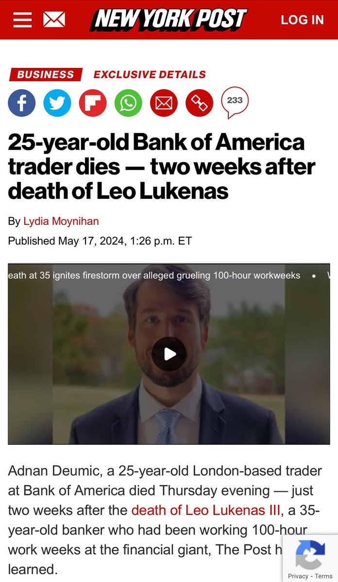 Bank of America trader AdnanDeumic, 25, dies suddenly playing soccer at an industry event, curiously it’s just two weeks after the death of Former Green Beret Leo Lukenas, 35 also from a blood clot. nypost.com/2024/05/17/bus… via @nypost