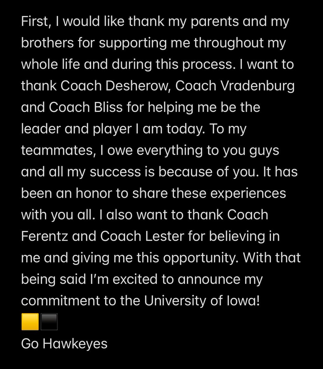 Committed!! Go Hawkeyes🟨⬛️ 
@Loyola_FB @HawkeyeFootball @CoachTimLester @QB1BLISS @TCBOOST @EDGYTIM @AllenTrieu