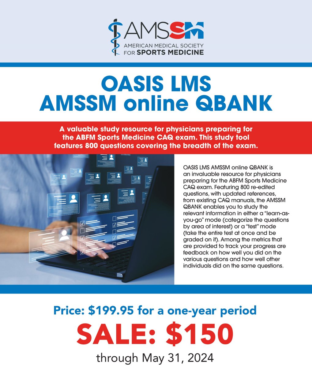 🚨 The AMSSM Online QBank is an invaluable resource for physicians preparing for the ABFM Sports Medicine CAQ exam and is now available! 💲 Get special pricing until May 31 by visiting learn.amssm.org.