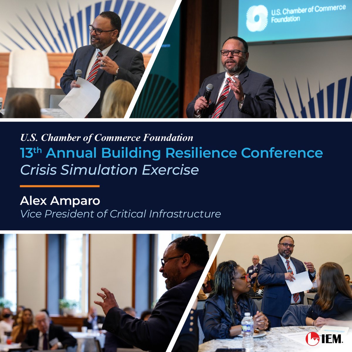 #TeamIEM is honored to have participated in the Crisis Simulation Exercise at @USCCFoundation #BuildingResilienceConference 💪.

IEM VP of #CriticalInfrastructure Alex Amparo co-led the exercise 🗣️ simulating real-world 🌎 events to discuss preparedness & response initiatives.
