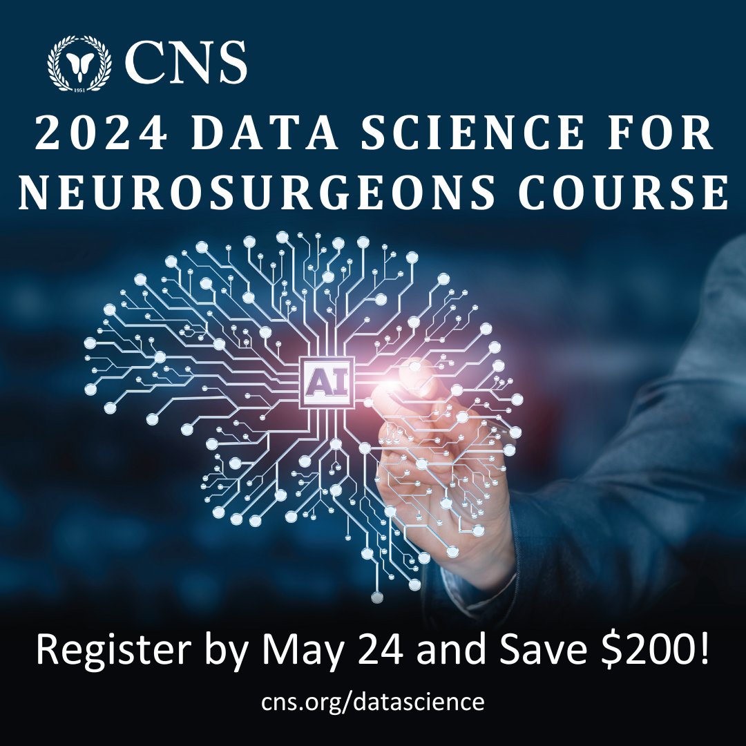 Only 1 WEEK LEFT to take advantage of discounted rates for the Data Science Course! Join our expert faculty virtually on June 8 to demystify patient enhancing AI/data science modules for your practice & stay on the cutting edge of neurosurgery: cns.org/datascience #CNSCourse