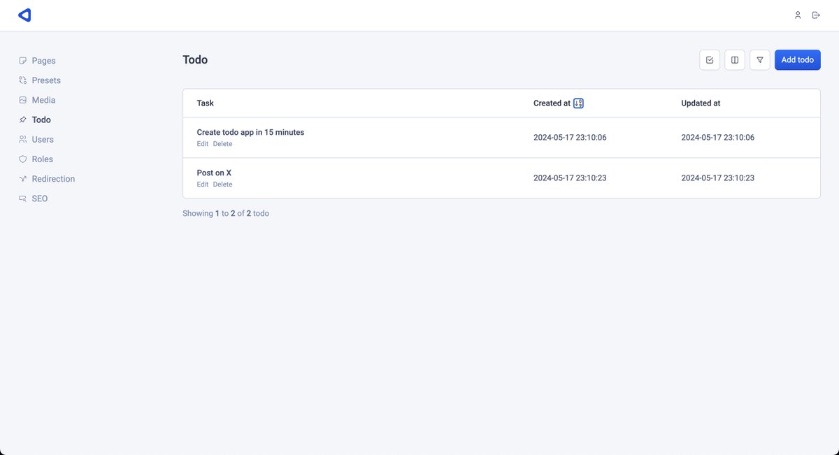 The todo application with <a href="/pruvious/">Pruvious</a> and <a href="/nuxt_js/">Nuxt</a>. The dashboard is just a "side effect" that is automatically created from the code 🙃

github.com/pruvious/todo-…