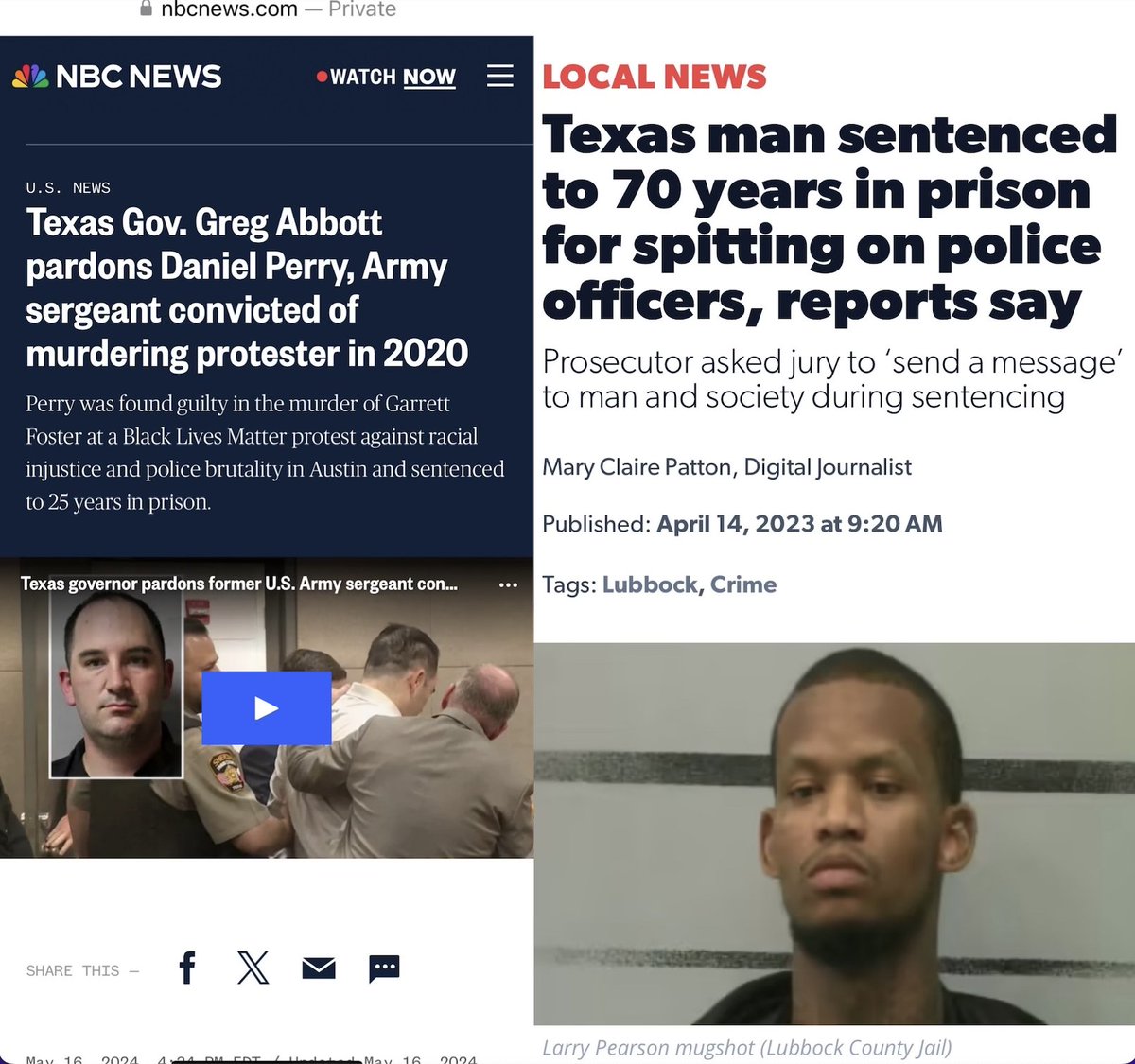 Texas Gov Abbot pardoned a white man & convicted murderer for killing a BLM protestor Meanwhile Texas sentenced a Black man to 70 years in prison for spitting on police to “make an example out of him.”😳 Systemic white supremacy is thriving in the GOP. Horrific.