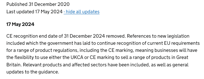 This was kept incredibly quiet, but today there was a further easing of the rules around the use of the UKCA mark (which absolutely nobody wants) vs continuing to use the CE mark we all know. As always, Brexit only works when it's not implemented. gov.uk/guidance/using…