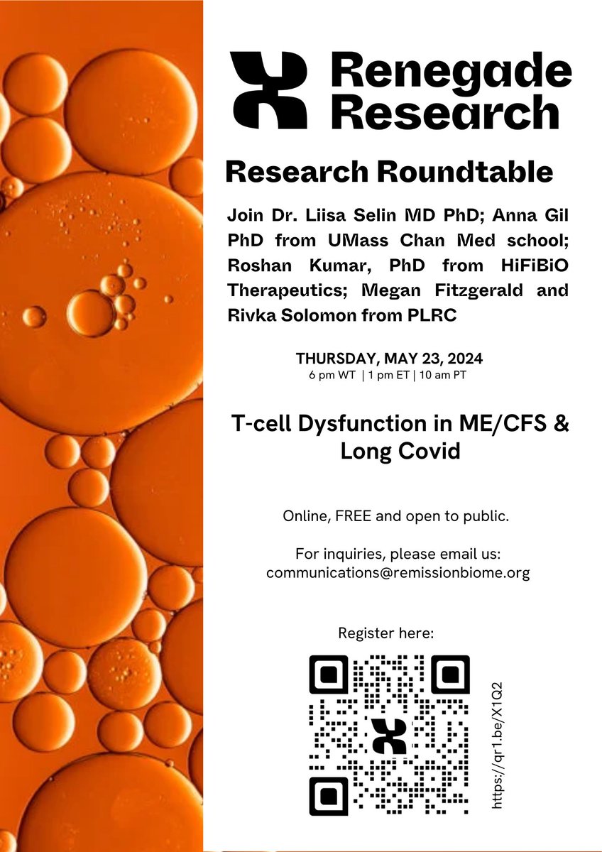 Join the conversation! Thursday May 23, 2024 at the next @RenegadeRes roundtable: 'T-cell dysfunction in #MECFS and #LongCovid' Featuring Guest Speakers aka Researchers: ✨️ Liisa K. Selin MD PhD and ✨️ Anna Gil PhD, viral immunologists from the University of