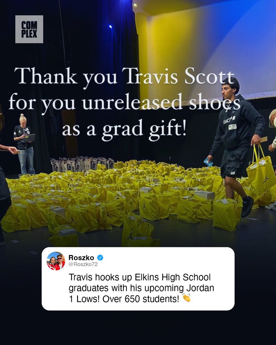 .@trvisXX blessed his alma mater with pairs of the 'Elkins' Jordan 1 Lows for graduation 🙏 (Via @ElkinsVb / @Roszko72)