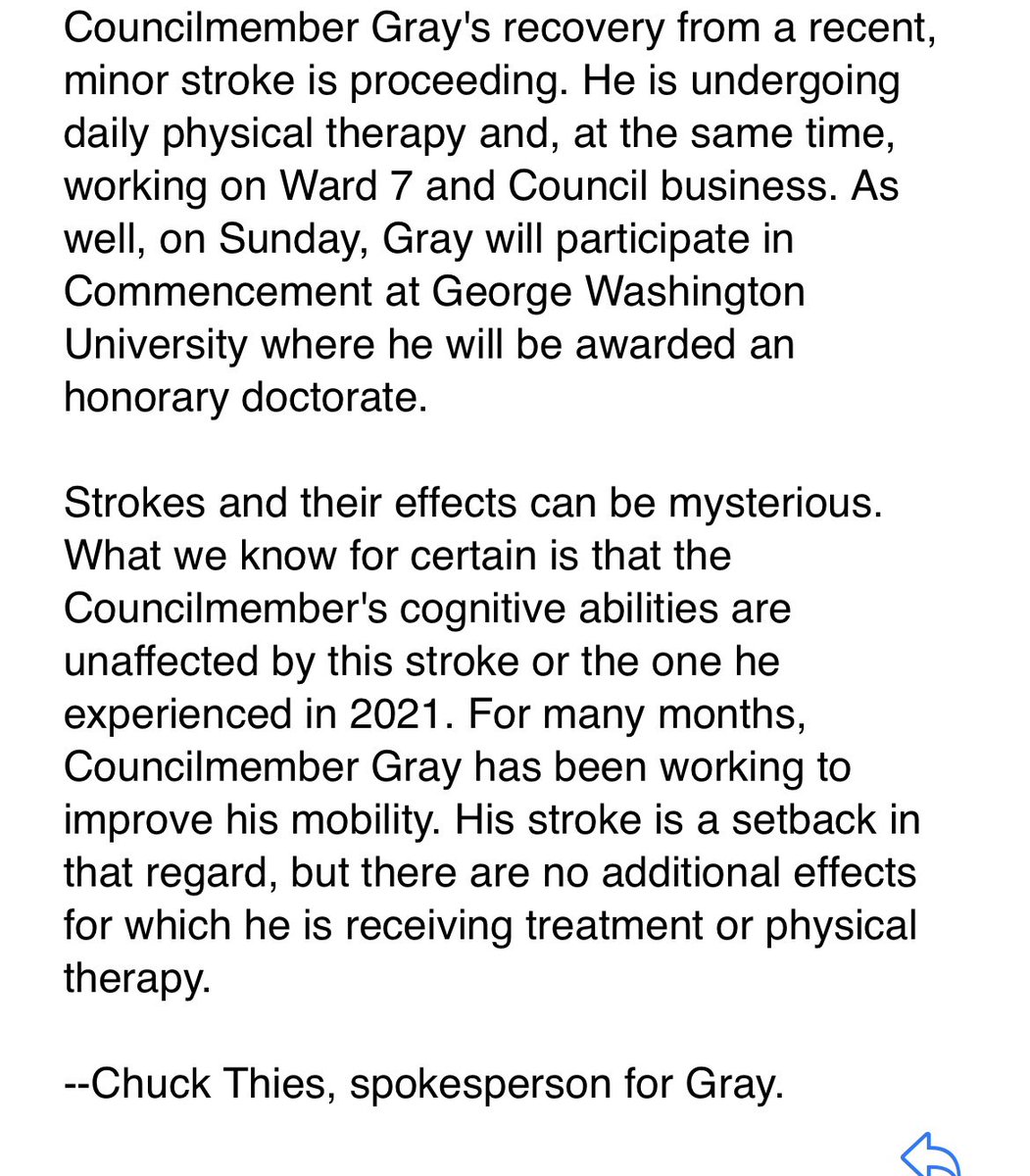 Official statement from <a href="/VinceGrayWard7/">Vince Gray</a> office confirming the retiring Councilmember suffered 2nd stroke recently and is recovering. He is still expected to receive an honorary doctorate degree in-person from <a href="/GWtweets/">GW University</a> Sunday.