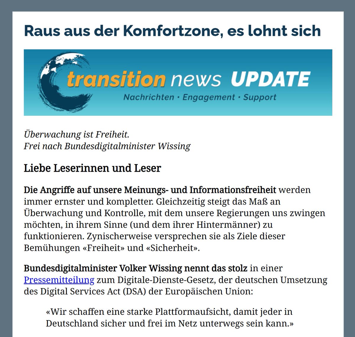 +++ Die Angriffe auf unsere Meinungs- und Informationsfreiheit werden immer ernster und kompletter. +++ 

Gleichzeitig steigt das Maß an Überwachung und Kontrolle, mit dem unsere Regierungen uns zwingen möchten, in ihrem Sinne (und dem ihrer Hintermänner) zu funktionieren.