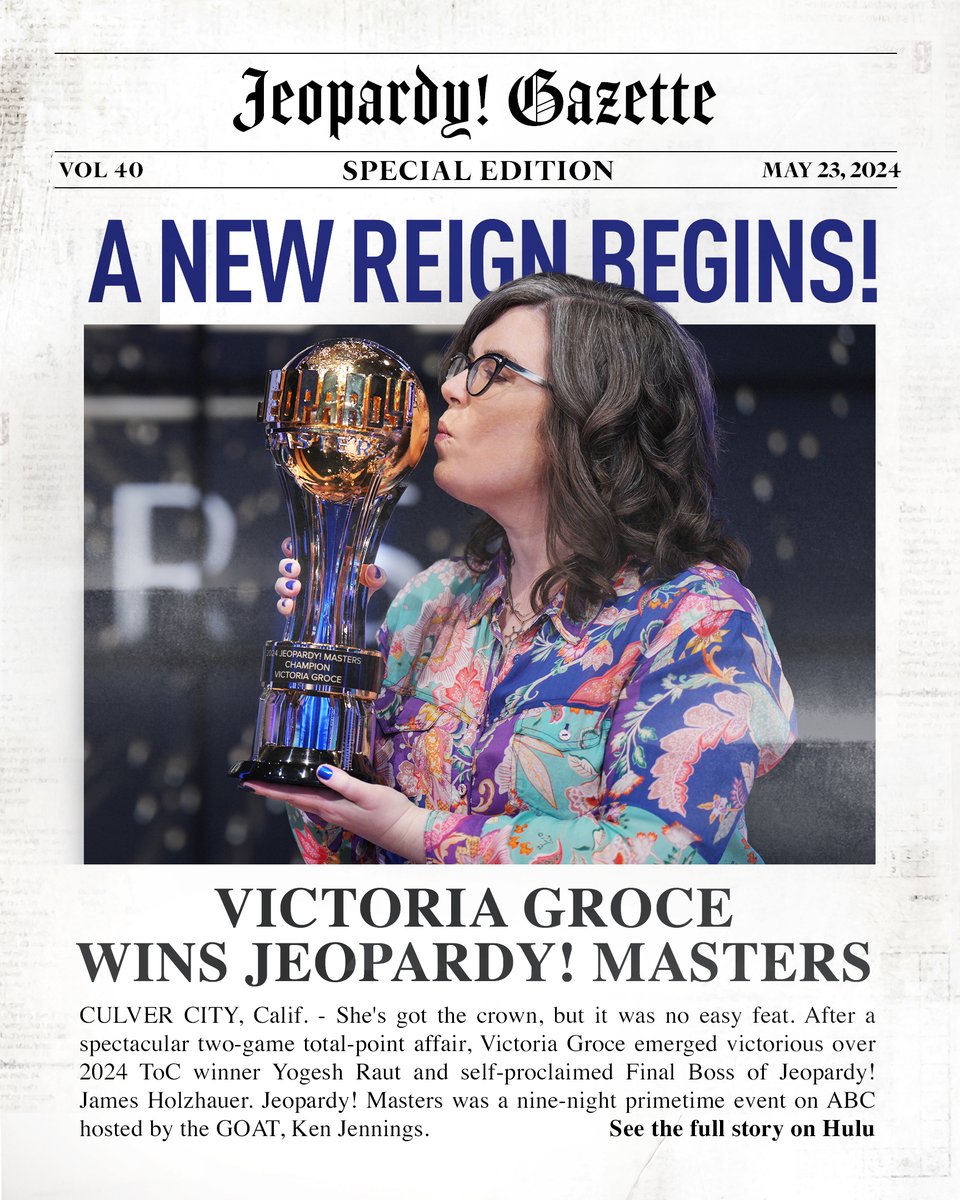 We have a #JeopardyMasters winner and it's The Queen herself, Victoria Groce! #Jeopardy!