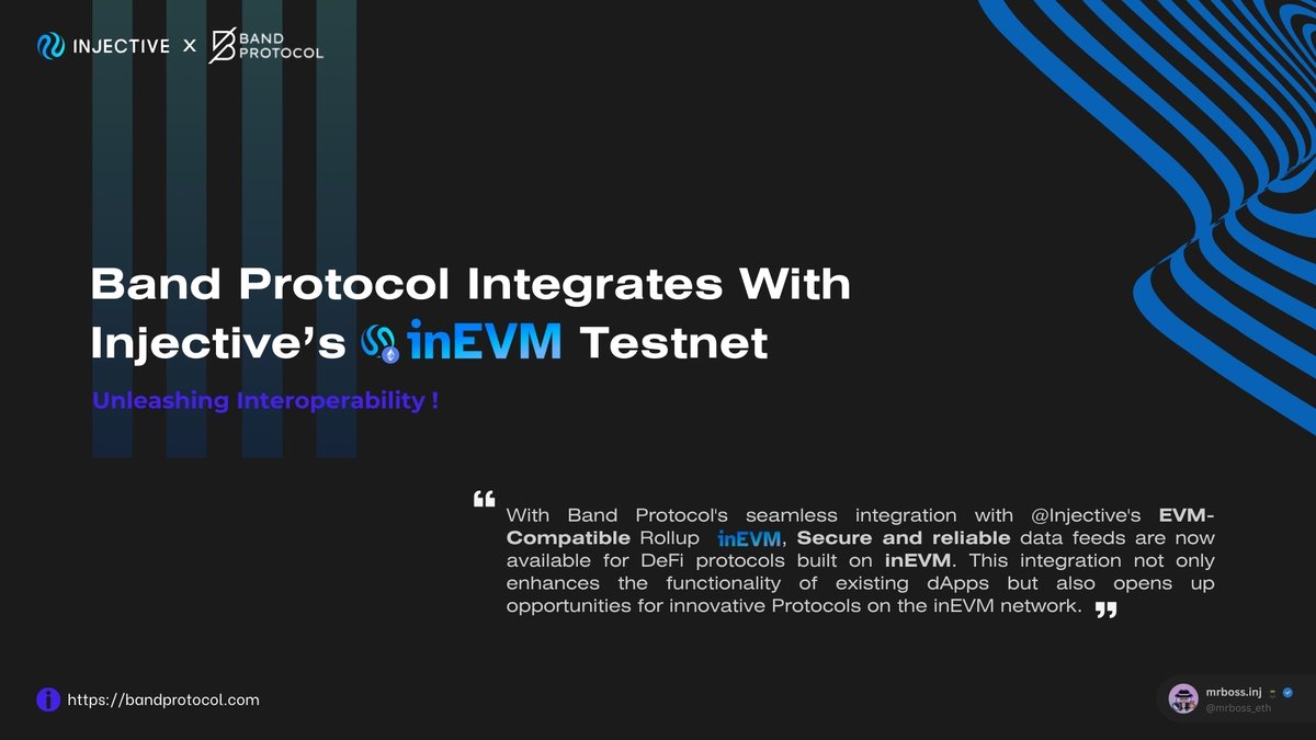 Band Protocol integrates with @injective's inEVM Testnet🥷. 

@BandProtocol is all set to provide secure & reliable data feeds for DeFi protocols built on @injective's EVM-compatible rollup, inEVM, Further opening up opportunities for innovative protocols on inEVM.

🔽🧵