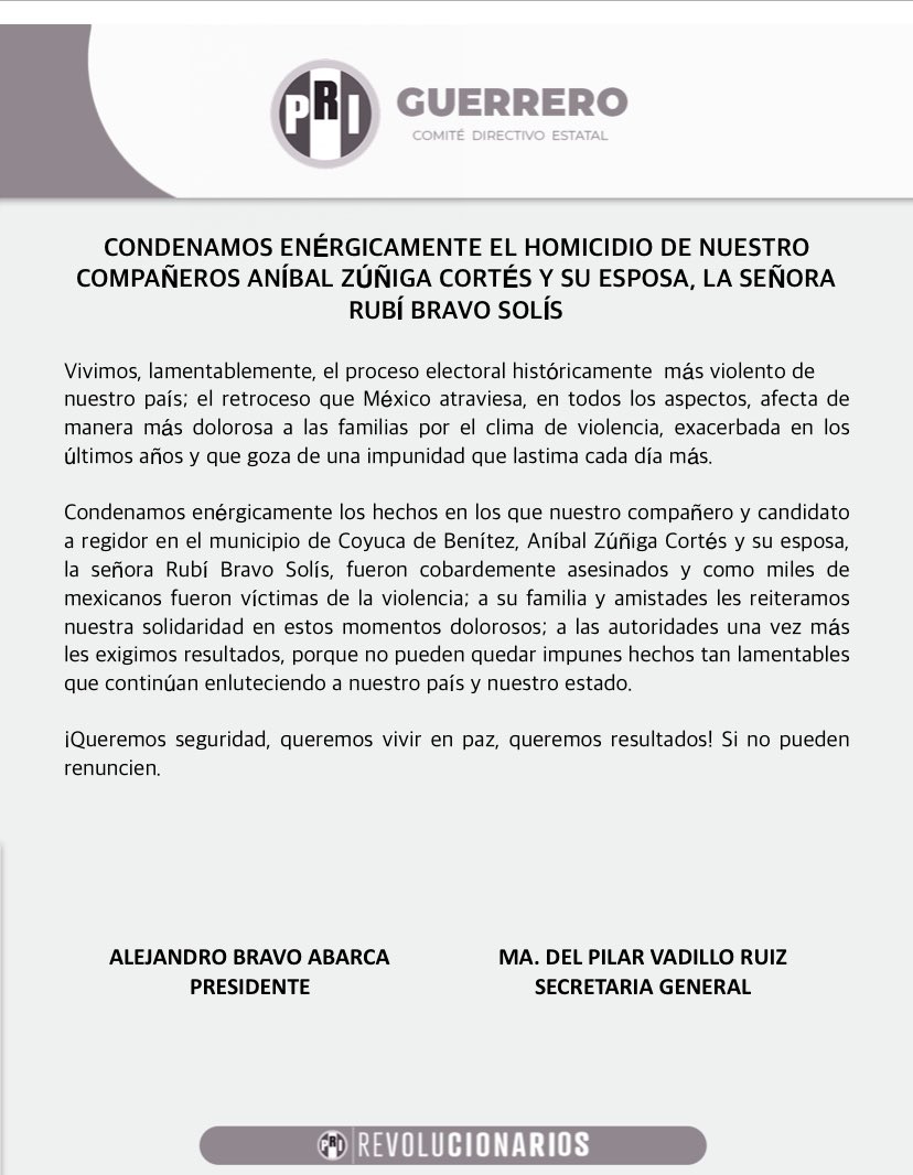 Asesinan en Guerrero al candidato a regidor en Coyuca de Benítez, Aníbal Zúñiga. Su cuerpo y el de su esposa, Rubí Solís, fueron hallados en Acapulco.