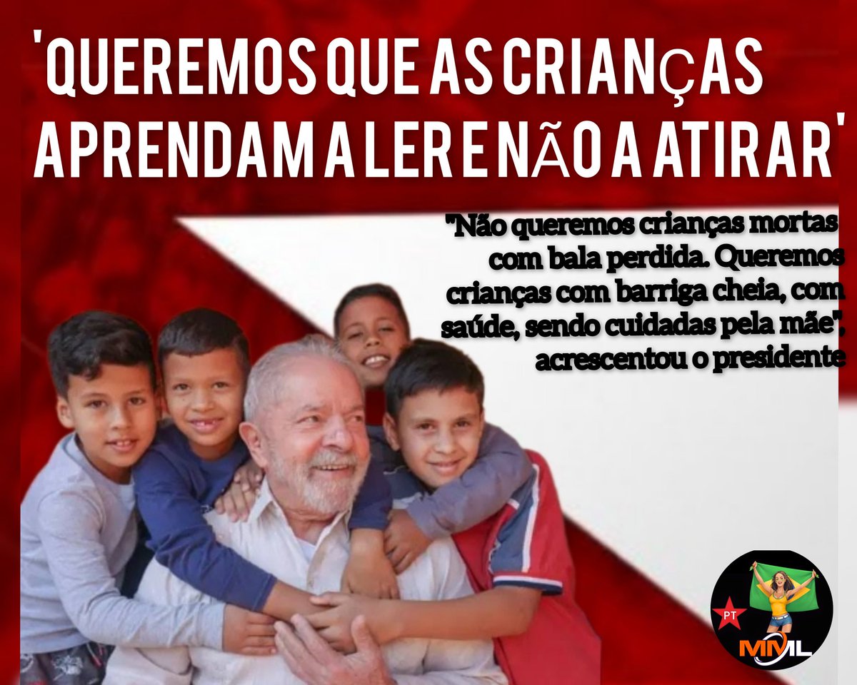 Criança não trabalha! Diga NÃO ao Trabalho Infantil.
Lula investe em educação, assistência social e saúde para proteger a criança brasileira.
👊⭐️🚩

#LulaTudoPeloBrasil
