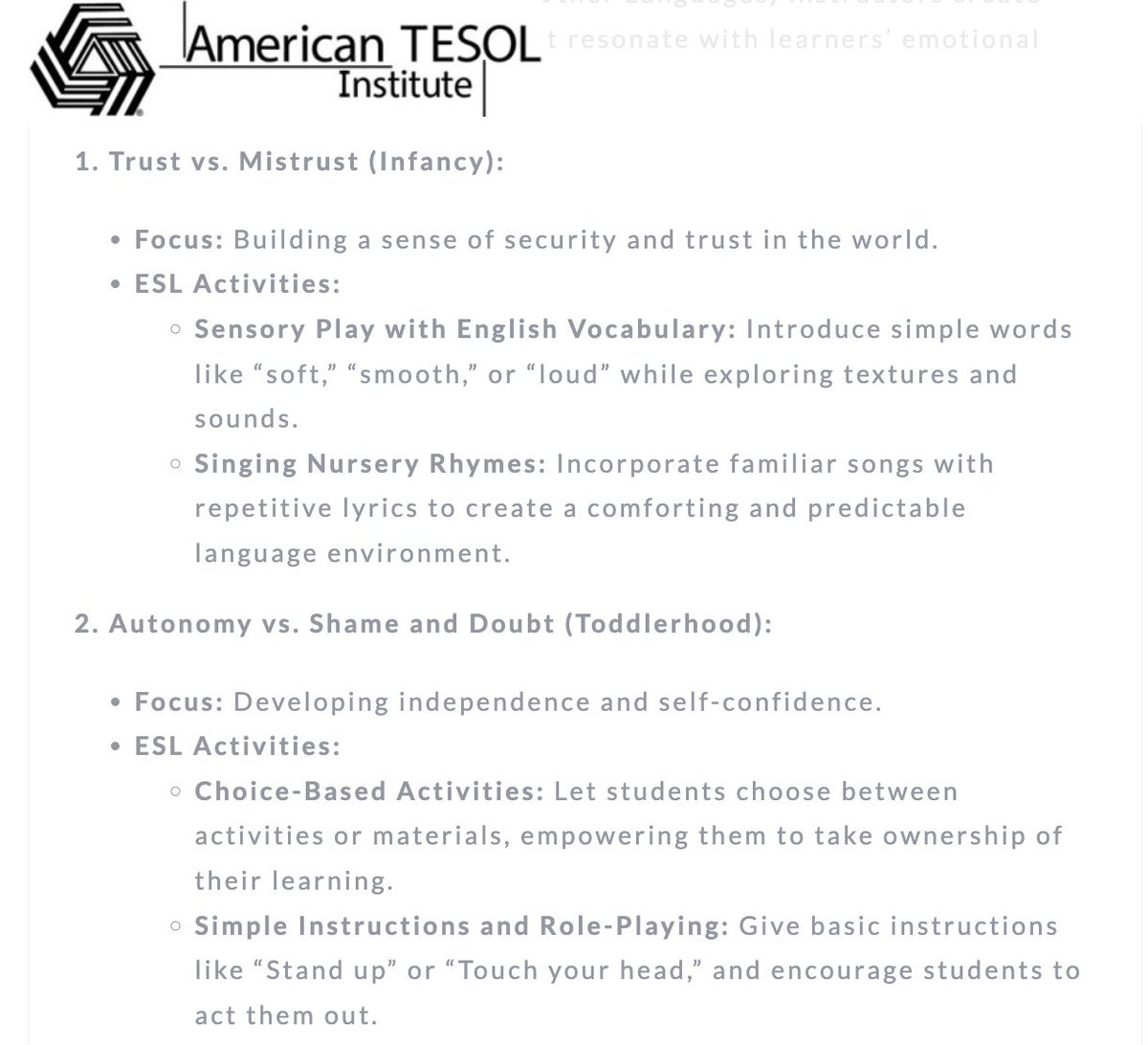 Erik Erikson’s theory of psychosocial development outlines 8 stages individuals pass through from infancy to adulthood. Understanding these stages can help #TESOL teachers create lessons that resonate with learners’ emotional & social needs. americantesol.com/blogger/psycho… #ESL #EFL