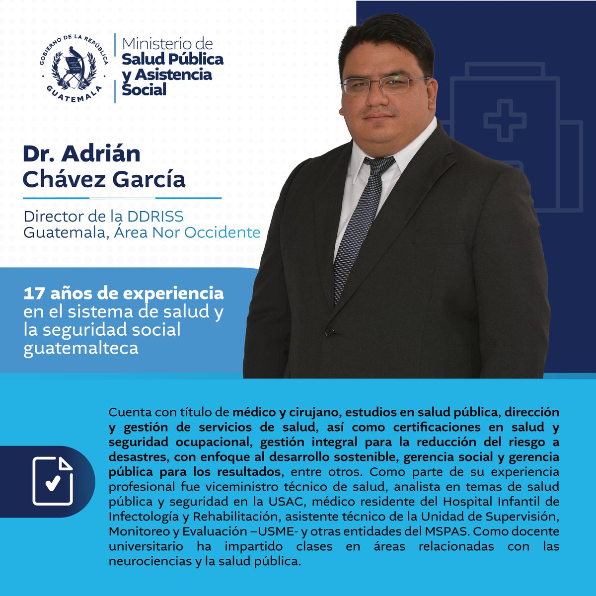 ¡Bienvenido Dr. Adrián Chávez García! Con su experiencia en el sistema de salud guatemalteco, asume la dirección de DDRISS Guatemala, Área Nor Occidente. Su compromiso y trayectoria serán clave para mejorar los servicios de salud en nuestra región.🌟👨‍⚕️