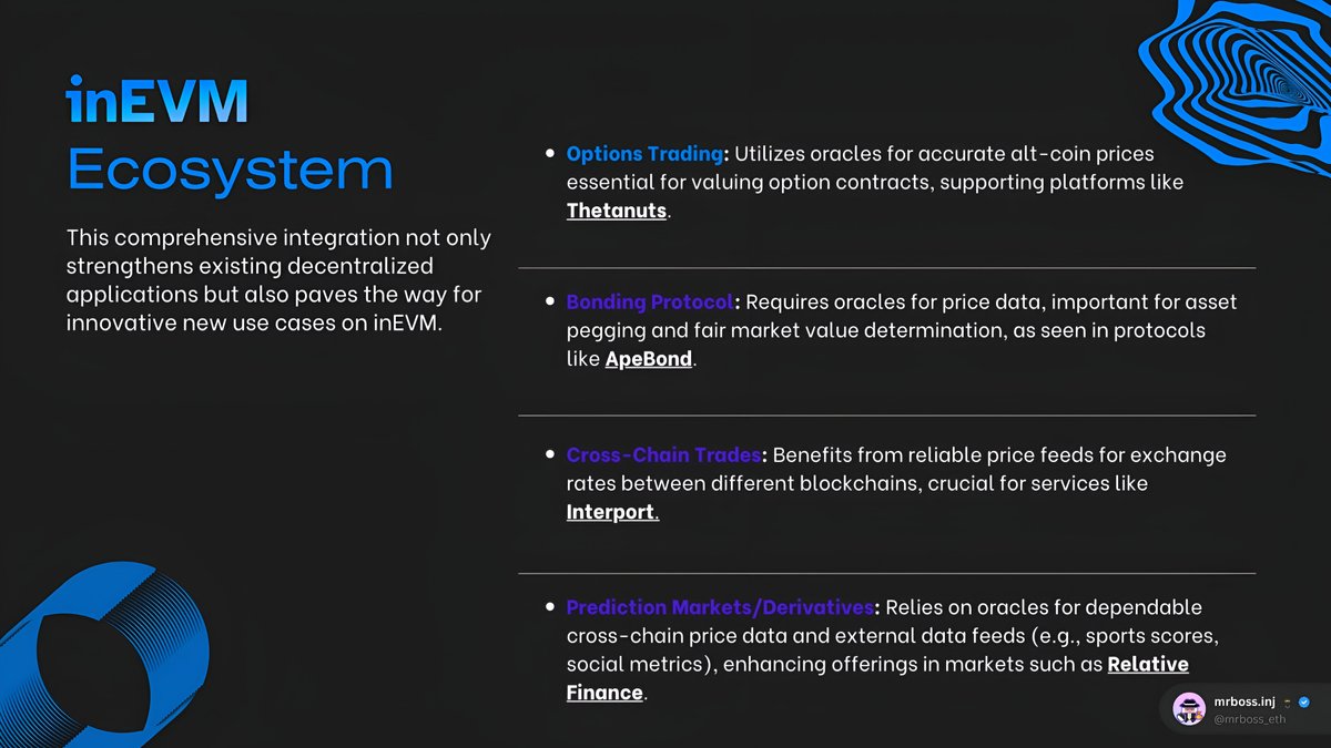 Various dApps and protocols within the Injective ecosystem, including @ThetanutsFi, @ApeBond, @InterportFi, and @relativefi, can benefit With the Launch of Band Protocol on the inEVM Mainnet.
This integration also paves the way for innovative new use cases on inEVM.

👾/3
