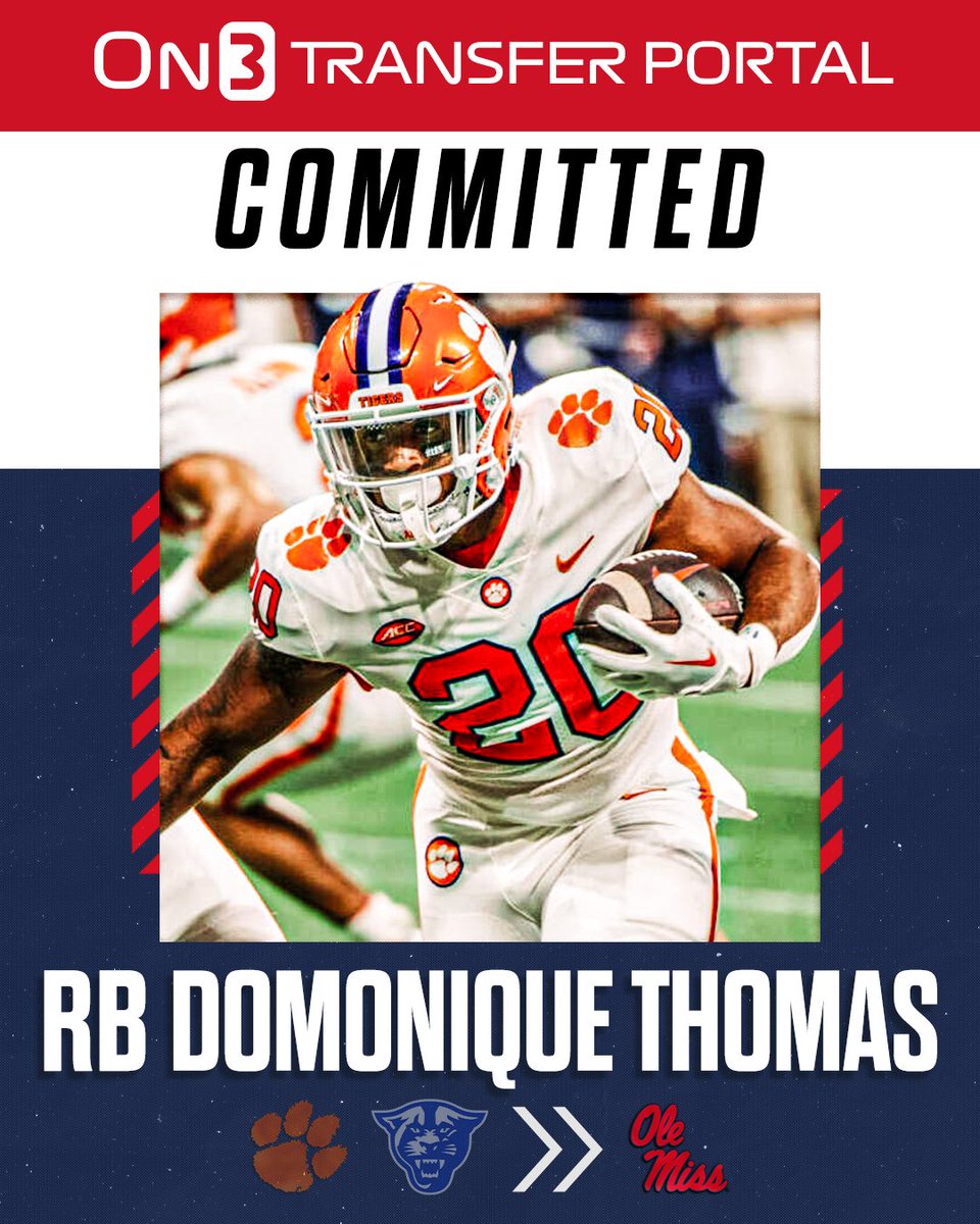 Former Georgia State running back Domonique Thomas will transfer to Ole Miss, multiple sources tell @On3sports. He transferred out of Clemson this winter. Has three years of eligibility remaining. More: on3.com/transfer-porta…