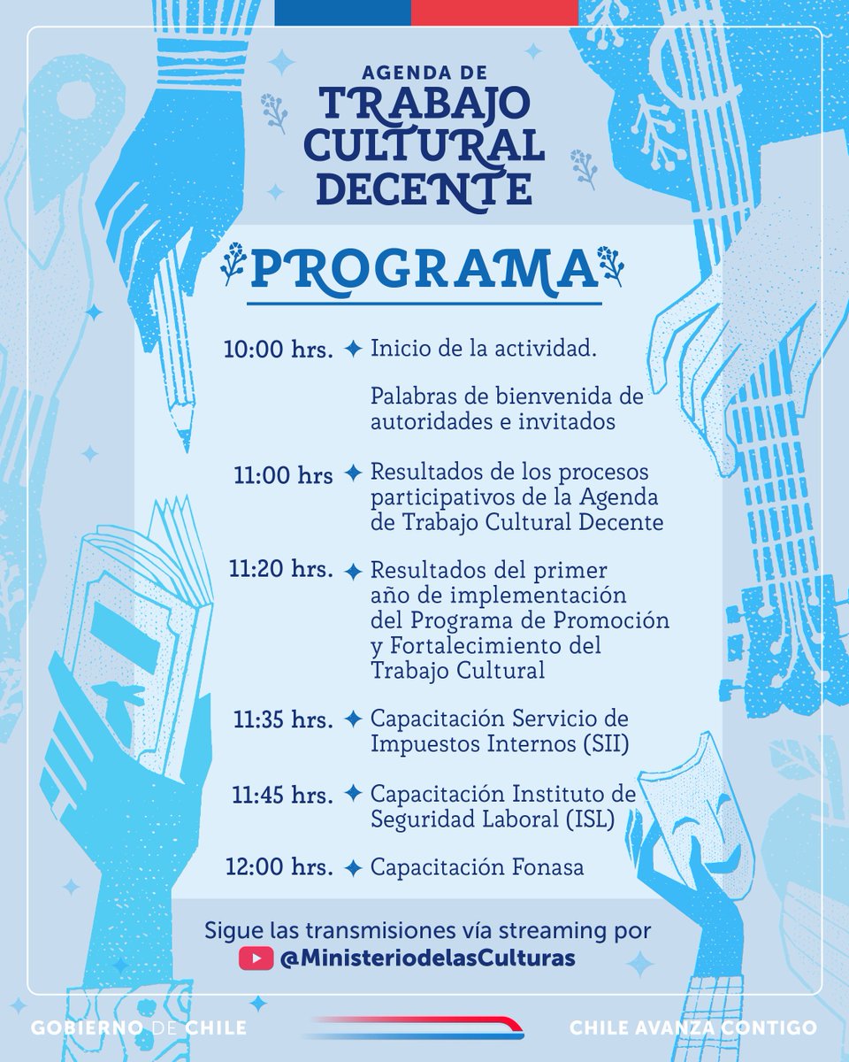 Conoce el programa completo del evento de la presentación de resultados del proceso de diálogos sociales de la Agenda de Trabajo Cultural Decente. Recuerda que la actividad será transmitida por nuestro canal de YouTube. Inscripciones en 👉 forms.office.com/r/hkE3RmGyRd