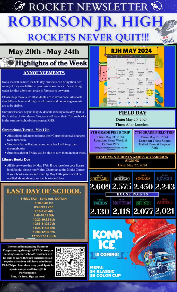 Here's the newsletter for the last week of school! We have a lot of fun activities planned, so please make sure you're here each day. #RobinsonISD