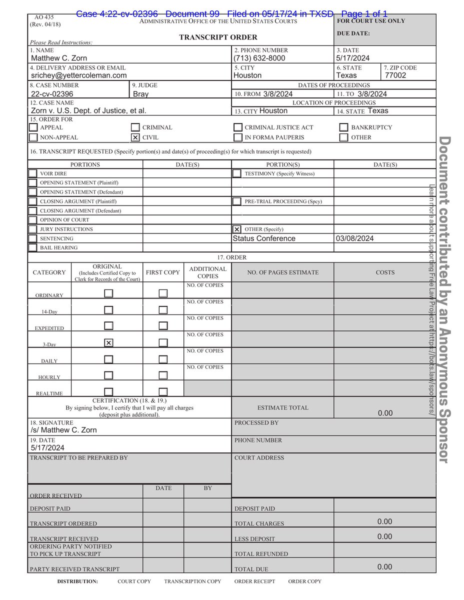 New filing: 'Zorn v. Dep't of Justice (DEA flouts FOIA)' Doc #99: AO435 Transcript Request PDF: courtlistener.com/docket/6360214… #CL63602147