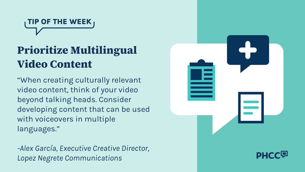 PHCC #TipOfTheWeek:🌐💬Prioritize multilingual #PublicHealth video content. Learn more in our recent #webinar, 'Comms Crash Course: Developing and Producing Videos to Expand Public Health Messaging.' publichealthcollaborative.org/webinars/#comm…