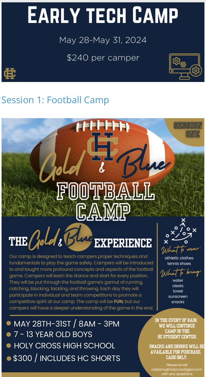 Sign up for our Gold & Blue camp today as your child will gain plenty of experience in the sport of football while having fun in the process. holycrosstigers.com/apps/pages/sum…