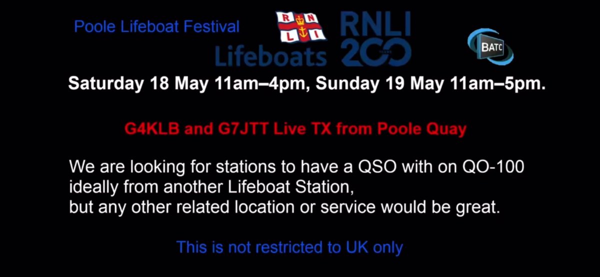 BATCOnline's tweet image. Veteran ATVers Colin G4KLB and John G7JTT are looking to work as many people as possible on DATV via QO100 this weekend using their special event station marking 200 years of the RNLI. If you’re able to help they’d be most appreciative. #ATV #QO100 #BATC #DATV #RSGB