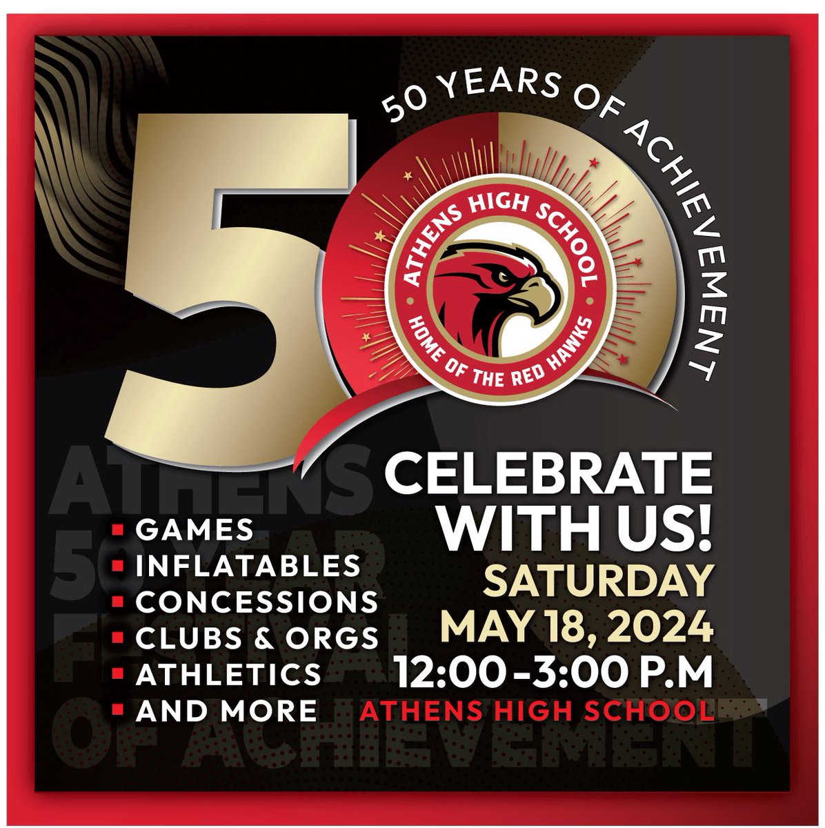 Don’t forget Red Hawks, come out and celebrate 50 years of Athens High School. #Athens50 #AllHawksSoar #OneTroy