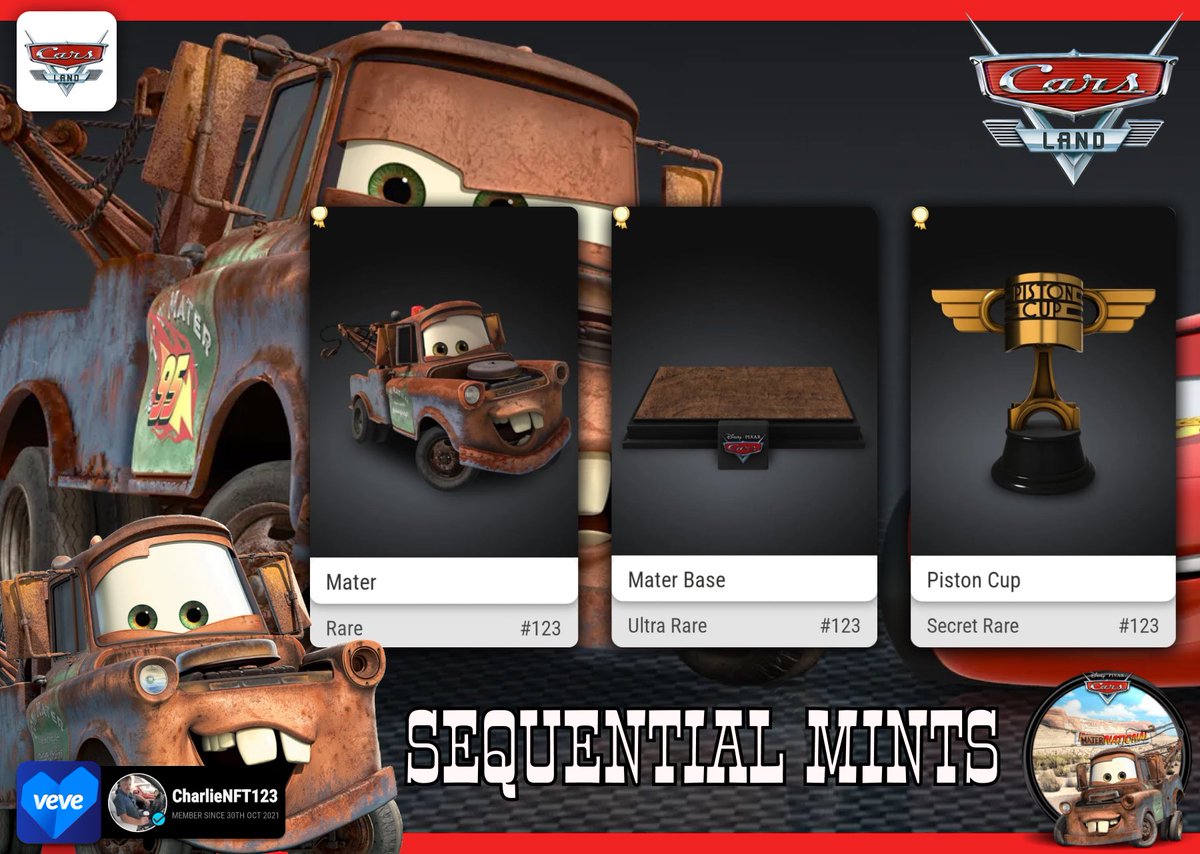 Meet the sequential Mater Mints 123🚙 Thank for help @rockymtsparky and everyone who has contributed✨ #DigitalCollectibles #Pixar #PixarCars @veve_official #Disney #CollectorsAtHeart 💙 #veve #vevefam