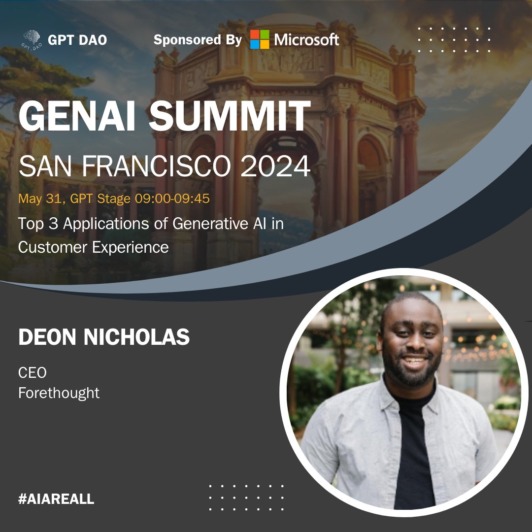 Meet Deon Nicholas @dojideon! CEO of 
@forethought_ai speaking at #GENAISummitSF2024 on 'Top 3 Applications of Generative AI in Customer Experience' 

More event info on genaisummit.ai. The clock is ticking.

#ai #artificialintelligence #airevolution #machinelearning