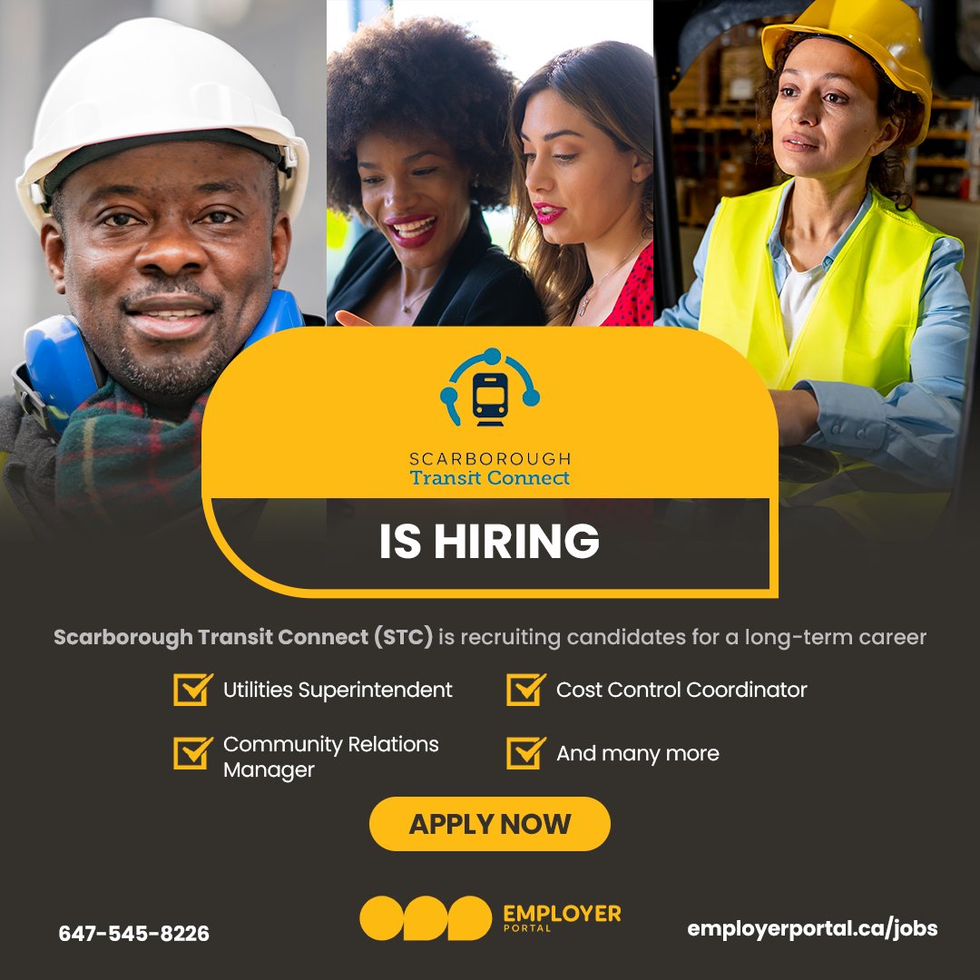 Scarborough Transit Connect is hiring! Apply for:

✅ Cost Control Coordinator
✅ Community Relations
✅ Utilities Superintendent

and more! Please visit employerportal.ca/jobs/?search=S… to apply

#communitybenefits #constructionjobs