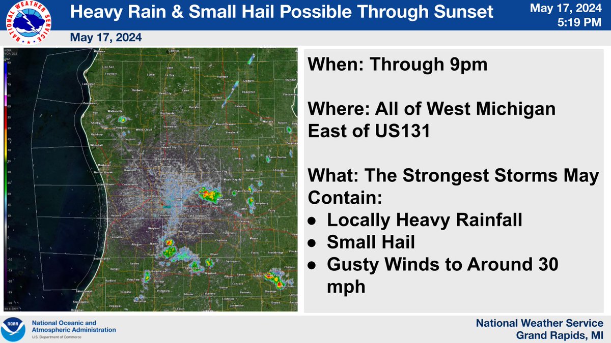 Scattered thunderstorms are expected through the evening east of US131. While the risk is low, if a stronger storm can develop; small hail, wind gusts around 30 mph, and locally heavy rain are possible.