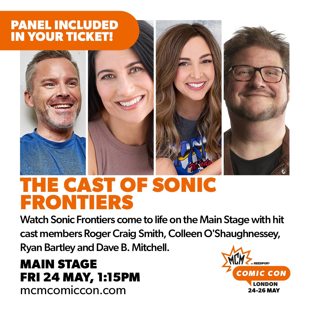 ONE WEEK TO GO!! Catch @RogerCraigSmith (Sonic) @VOColleen (Tails) @RyanBartley (Sage) & me at @MCMComicCon in London next weekend May 25-27 kicking off with a Frontiers panel on Friday! Hope to see you there! 🥳✍🏻📷🇬🇧 #sonicfrontiers #sonic_the_hedgehog #voiceactors #comicconuk