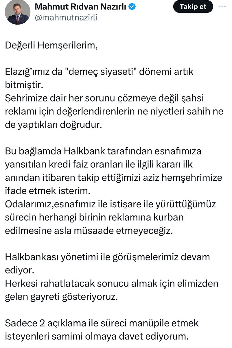 Cumhur İttifakı’ndan Elazığ krizi! AKP ve MHP’li vekiller birbirine girdi. AKP’li vekil, MHP’liye “Şahsi reklam yapıyor” demesi üzerine ortam gerildi. MHP Elazığ Milletvekili Semi Işıkver, AKP Elazığ milletvekili Mahmut Rıdvan Nazırlı’yı çok sert sözlerle hedef aldı: “Tribün