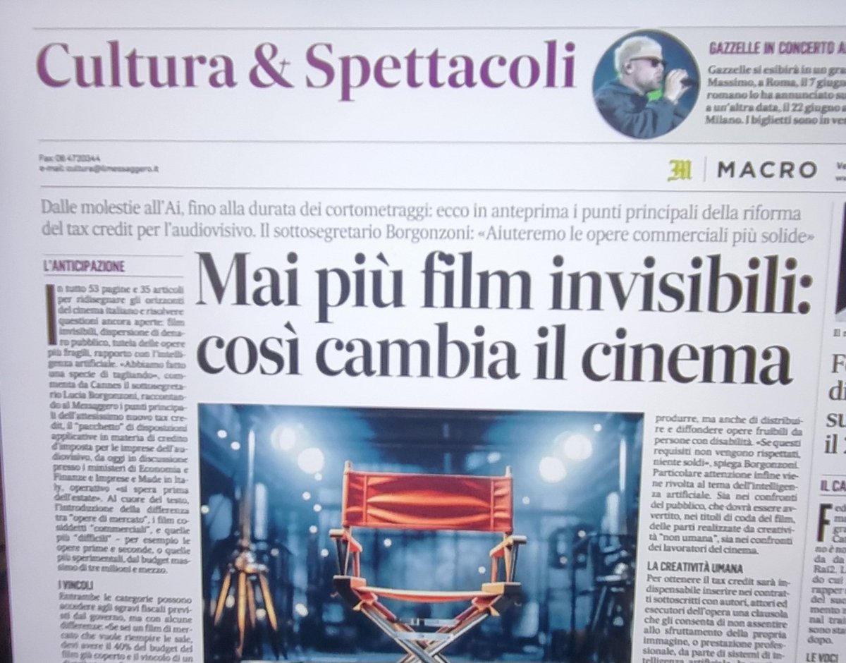 Sul #taxcredit per cinema e audiovisivo mi era sfuggita l'anteprima del #Messaggero di oggi dopo l'anteprima pubblicata martedì sul @sole24ore (con foto in prima dell'anteprima)